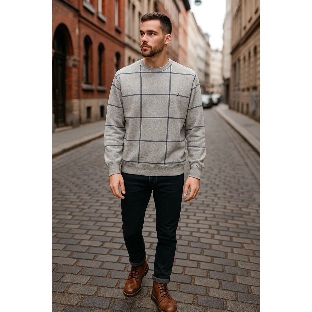 Nautica Mens Windowpane Check Crewneck M Grey Sweatshirt Minimalist Preppy
